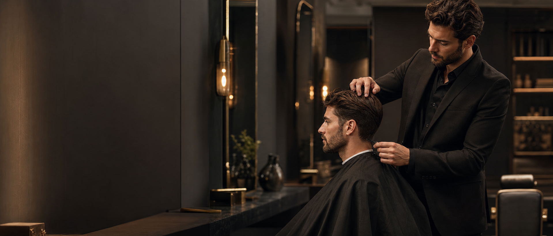 Friseur beim finalen Styling eines Kunden